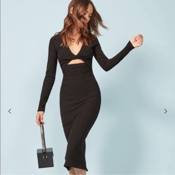 Reformation Polina Long Sleeve Midi Bodycon Dress Black Twist Front Sz XS - Picture 2 of 10